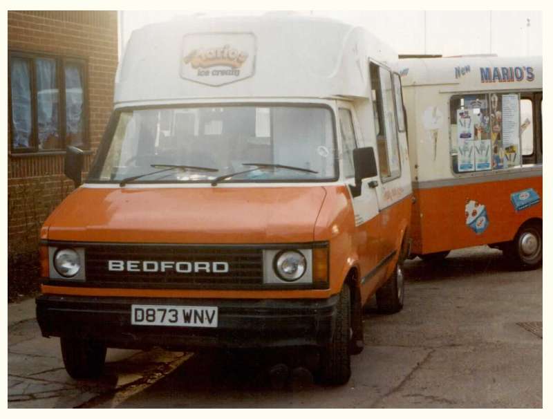 Photo of a white and orange Mario's Ice Cream vintage Bedford van.